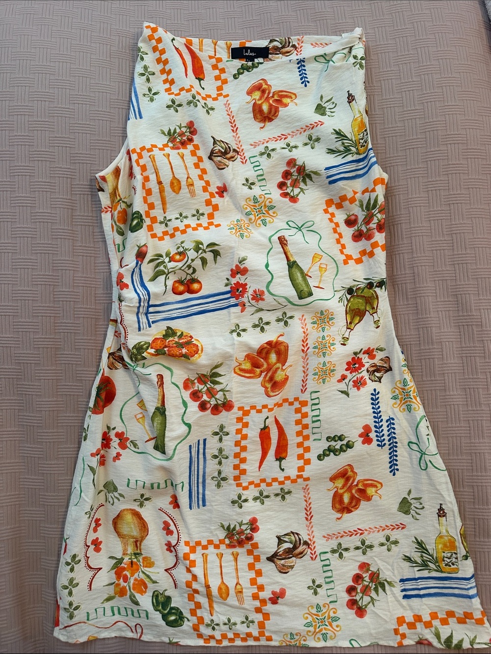Lulu's Cream Sleeveless Dress with Multicolor Kitchen & Fruit Print